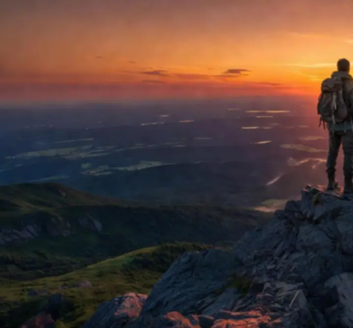 Wędrowiec o zachodzie słońca w górskim terenie z profesjonalnym sprzętem