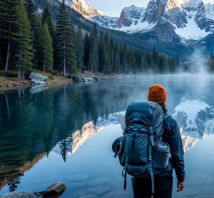 Plecak trekkingowy 60L na tle jeziora górskiego