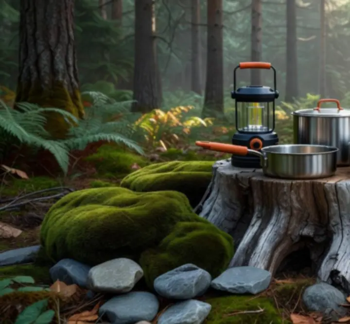 Funkcjonalne akcesoria kempingowe ustawione w obozie