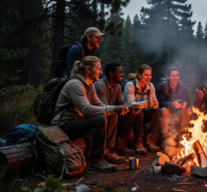 Społeczność outdoorowa zgromadzona wokół ogniska, dzieląca się doświadczeniami