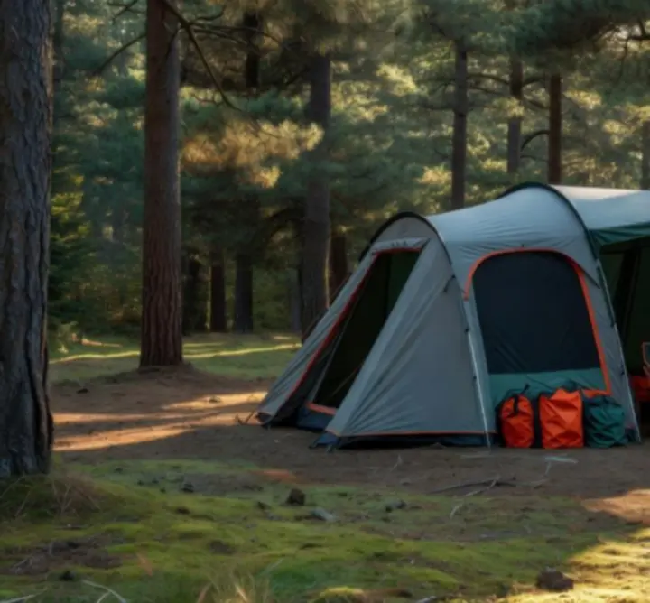 Przestronny namiot rodzinny w lesie z dziećmi przy wejściu