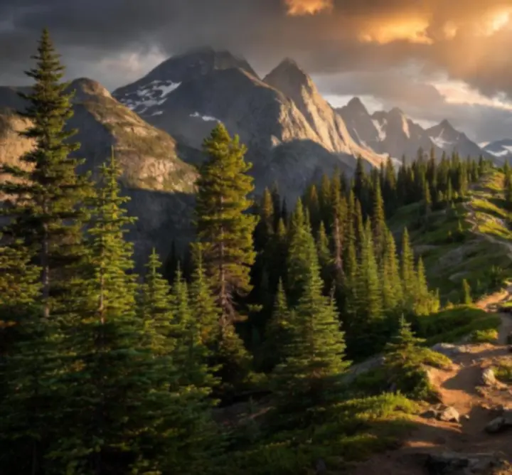 Panoramiczny widok górskiego krajobrazu w głębokich odcieniach zieleni i szarości